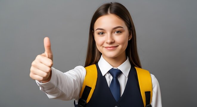 A cheerful student giving a thumbs-up in a school uniform with a vest and tie