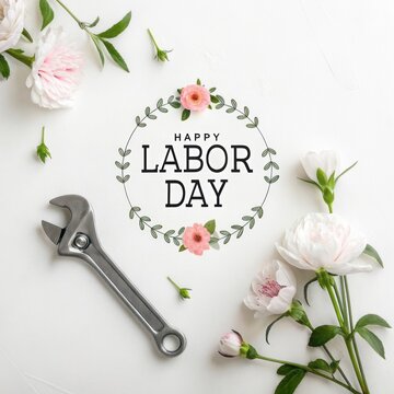 Happy Labor Day Greeting with Floral Arrangement and Wrench on a White Surface