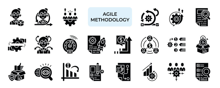 Agile Methodology Icon set Collection in Solid Glyph Style. scrum, kanban, development, product, backlog, process