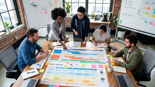 Diverse Team Planning Product Roadmap Meeting