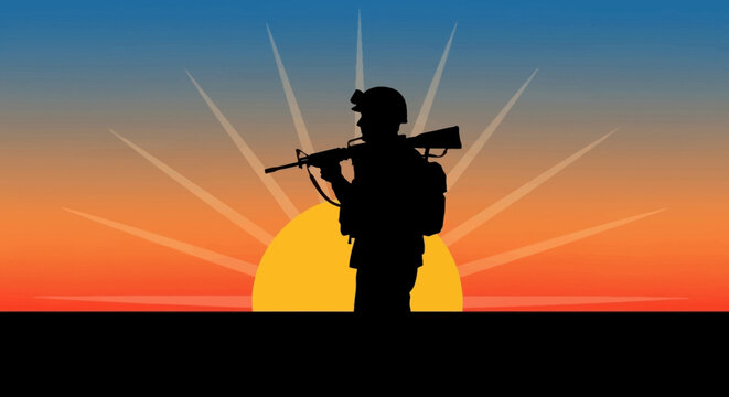 Silhouette of soldier with rifle against vibrant sunset background