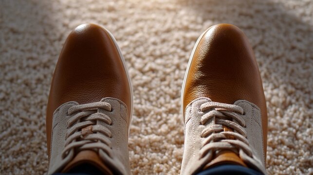 Schuhe auf Teppich von oben &ndash; Sprichwort Bleib sch&ouml;n auf dem Teppich