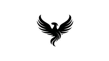 Fototapeta premium Stylized black phoenix bird icon. Elegant mythical creature with spread wings, symbolic of rebirth, strength, and triumph on white.