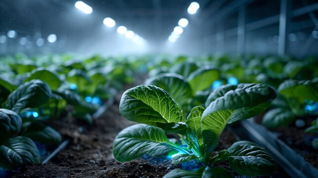 Junge Salatpflanzen unter blauem Kunstlicht auf dunklem Erduntergrund