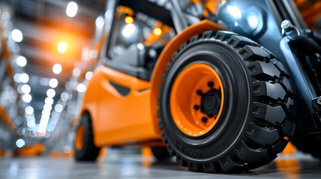 Nahaufnahme eines schwarzen Gabelstapler-Reifens in Industriehalle mit orangefarbenem Licht
