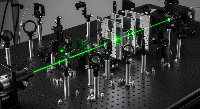 Advanced optical experiment setup with green laser beams on a breadboard