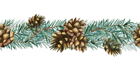 Naklejka premium Watercolor winter garland seamless border. Horizontal spruce branches with pine cones. Festive hand painted isolated illustration for greeting card, wedding invitation, Christmas banner, frame