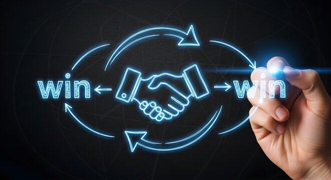 Digital visualization of a win-win business concept, featuring a glowing handshake and interconnected 'win' symbols with arrows, illustrating successful partnership and mutual beneficial collaboration