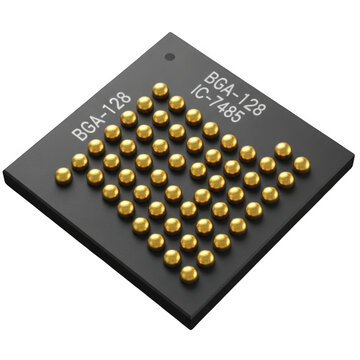Close-up view of a microchip with an array of solder balls on its underside isolated on transparent background