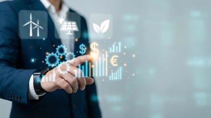 Obraz premium Businessman interacting with virtual icons representing renewable energy financial markets and environmental concepts