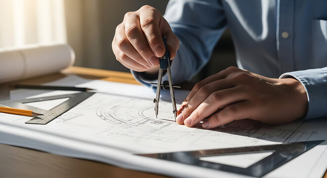 Architectural blueprint with compass, ruler and architect hands close up, design