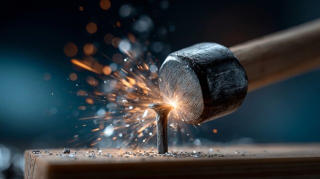 Nahaufnahme eines Hammers, der einen Nagel in Holz schl&auml;gt mit Funken