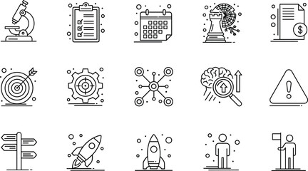 Business science technology icons, research microscope illustration, strategy chess rook globe, finance document dollar sign, innovation rocket startup growth © MdZahidul