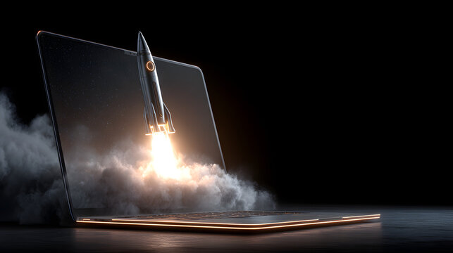 Startup concept with rocket flying out of laptop screen on black background. Sideview, 3D Rendering, no logos, no brands