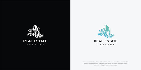 Naklejka premium Modern Real Estate Logo with Cityscape and Waves