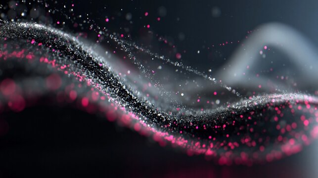 Abstrakte flie&szlig;ende Wellen aus rosa und grauen Partikeln und Glitzerpunkten auf schwarzem Hintergrund.