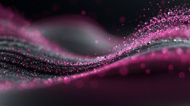 Abstrakte flie&szlig;ende Wellen aus rosa und grauen Partikeln und Glitzerpunkten auf schwarzem Hintergrund.