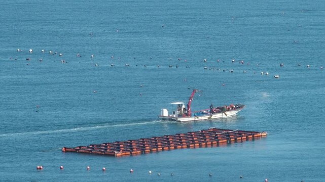 Scenic coastal landscape with abalone farms in the sea of Wando Korea  한국 전라남도 완도 바다의 전복 양식장 풍경