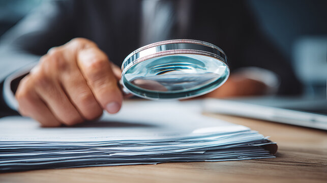 A business professional using a magnifying glass to review and verify documents on a desk, symbolizing audit, compliance, data verification, and quality assurance.