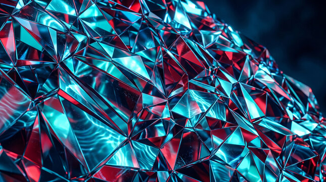 Abstract geometric crystal formation with vibrant blue and red light reflections