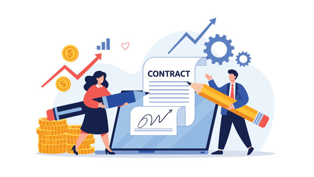 Business partners signing digital contract on laptop screen with giant pencils symbolizing legal agreement and collaboration.
