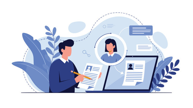 Human resources manager reviewing job candidate resume on laptop and paper for recruitment and hiring process illustration.