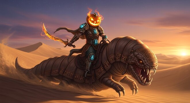 Fantasy Halloween warrior riding a giant sandworm through a desert at sunset, holding a flaming sword with a Jack-o'-lantern head