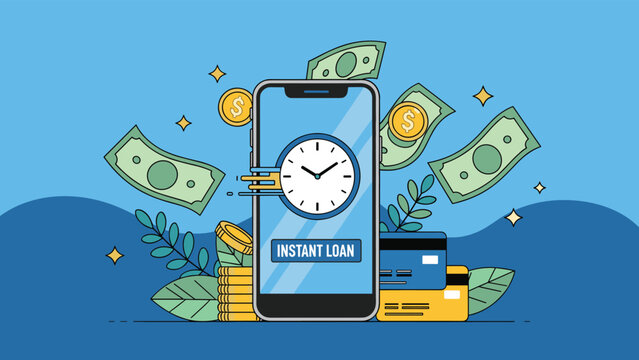 Modern financial concept showing a smartphone screen displaying instant loan options with flying cash and coins.