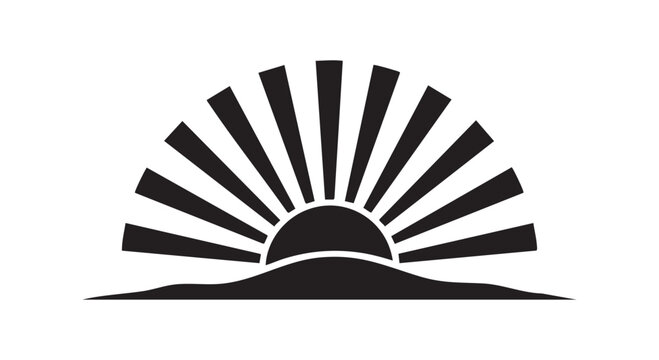 Abstract sun logo design featuring rising sun with long rays over wavy horizon line symbol for hope and new beginnings art.