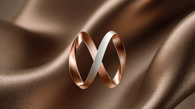 Zwei ineinander verschlungene ros&eacute;goldene Ringe auf gl&auml;nzendem braunem Seidenstoff