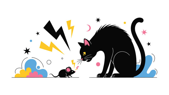 Dramatic cartoon illustration showing a large black cat and a small mouse facing off with lightning bolts of tension.