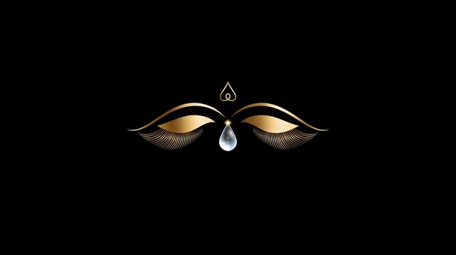 Goldenes Logo mit stilisierten Augen und einem Tr&auml;nentropfen auf schwarzem Hintergrund, spirituelles Symbol.