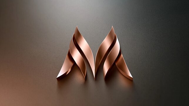 Ein elegantes kupferfarbenes Logo in Form des Buchstabens M ruht auf dunklem Untergrund mit funkelnden Glitzerpartikeln. Das metallische Design verbindet Luxus mit modernem Stil.