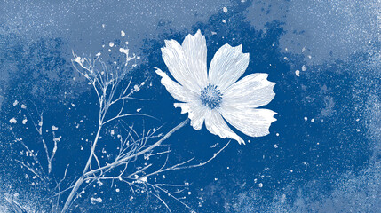Obraz premium Blue cyanotype cosmea botanical background. Stipple dot overlay texture with flower and twig silhouette. Delicate indigo blue nature banner for template and graphic design project. Stock Vector
