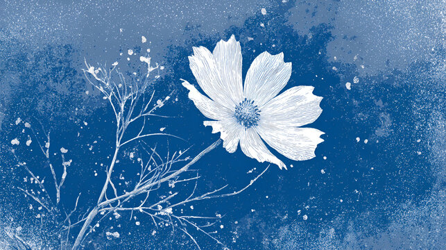Blue cyanotype cosmea botanical background. Stipple dot overlay texture with flower and twig silhouette. Delicate indigo blue nature banner for template and graphic design project. Stock Vector