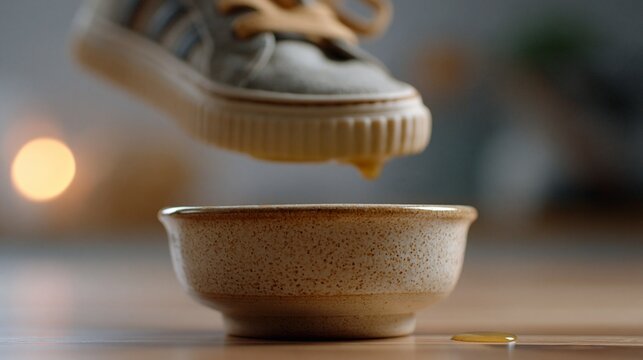 Schuh tritt ins Fettn&auml;pfchen &ndash; Konzeptfoto zum deutschen Sprichwort mit Sneaker &uuml;ber Keramiksch&uuml;ssel
