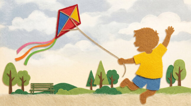 Young boy flying a colorful kite in a park on a sunny day  
