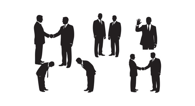 Businessmen silhouettes in various professional interactions including handshakes bowing and formal greetings set vector.