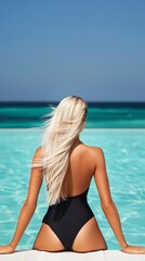 Fototapeta premium Blonde Frau von hinten am Pool mit wehendem Haar unter strahlend blauem Himmel