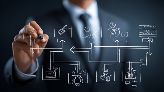 Businessman flowchart workflow project management process strategy algorithm system diagram chart planning concept