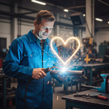 Skilled male welder in blue jumpsuit is working with welding torch, creating sparks and heart shape, showcasing passion for craftsmanship in industrial workshop