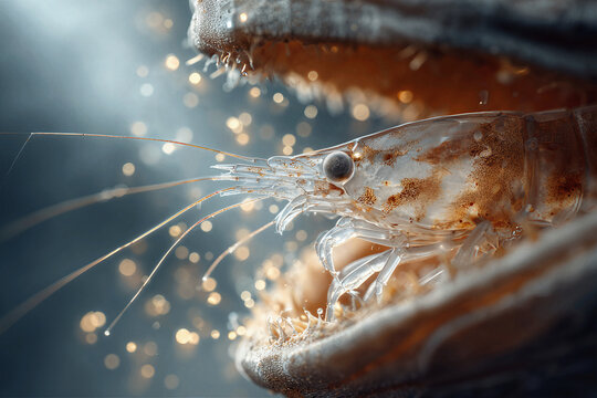 Close-up of a cleaner shrimp inside a moray eel's mouth, symbiotic relationship