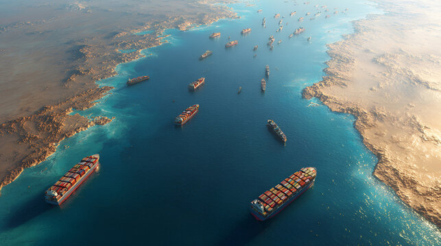Cargo vessels congestion blocking maritime traffic in the Strait of Hormuz, tankers and container cargo ships clustered. Strategic maritime chokepoint linking the Persian Gulf and and Gulf of Oman 