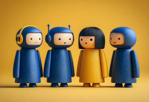 AI assistant, business and technology, chatbot team support service concept. Group of blue peg dolls with chat robot face icon, standing together with conversation on yellow background, minimalist.