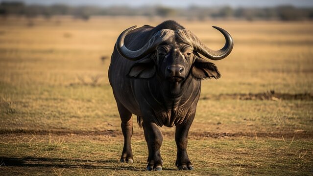 Large African Buffalo Standing Alone Outdoors.