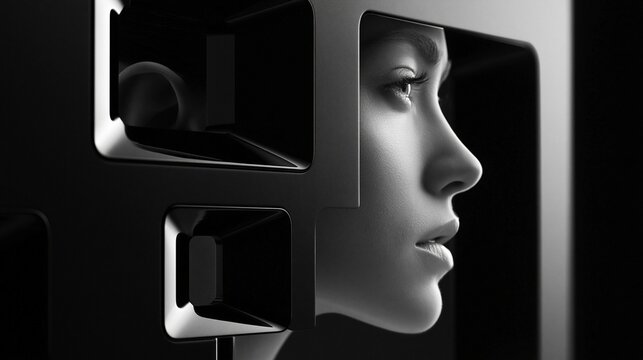 Futuristisches Modeportr&auml;t einer Frau vor abstrakter Kulisse in Schwarz-Wei&szlig; f&uuml;r Magazin