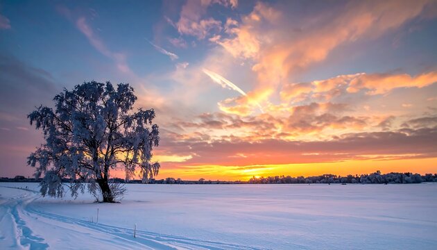 Snowy field, a solitary tree dusted with snow, and vibrant sunset sky with clouds