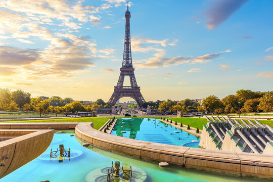 Paris Eiffel Tower view from Trocadero fountain, sunset light, France