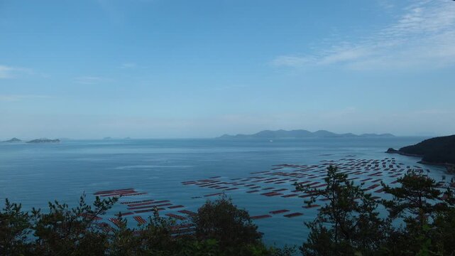 Scenic coastal landscape with abalone farms in the sea of Wando Korea  한국 전라남도 완도 바다의 전복 양식장 풍경