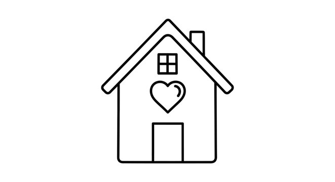 Home Love Icon Black Line 2pt Stroke Minimal House with Heart Outline Vector